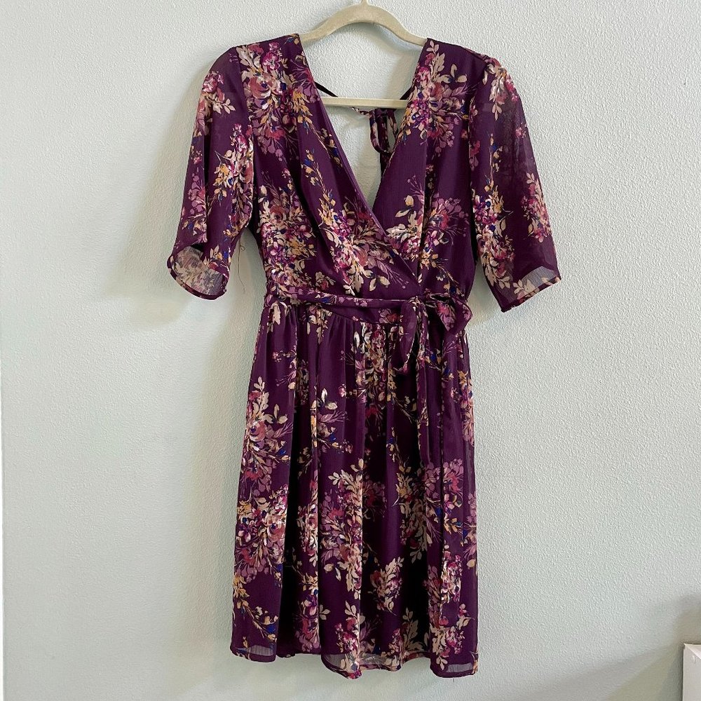 Purple Floral Dress with Waist Tie